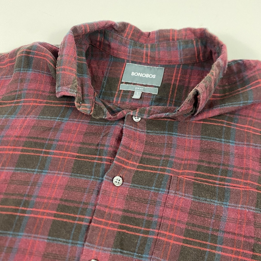 Bonobos Shirt Mens Large Burgundy Plaid Slim Fit Flannel Button Down Long Sleeve